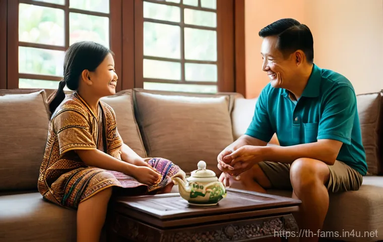 가족상담사가 꼭 알아야 할 심리 이론 - **Prompt:** A warm, inviting indoor scene of a multi-generational Thai family, bathed in soft, natur...